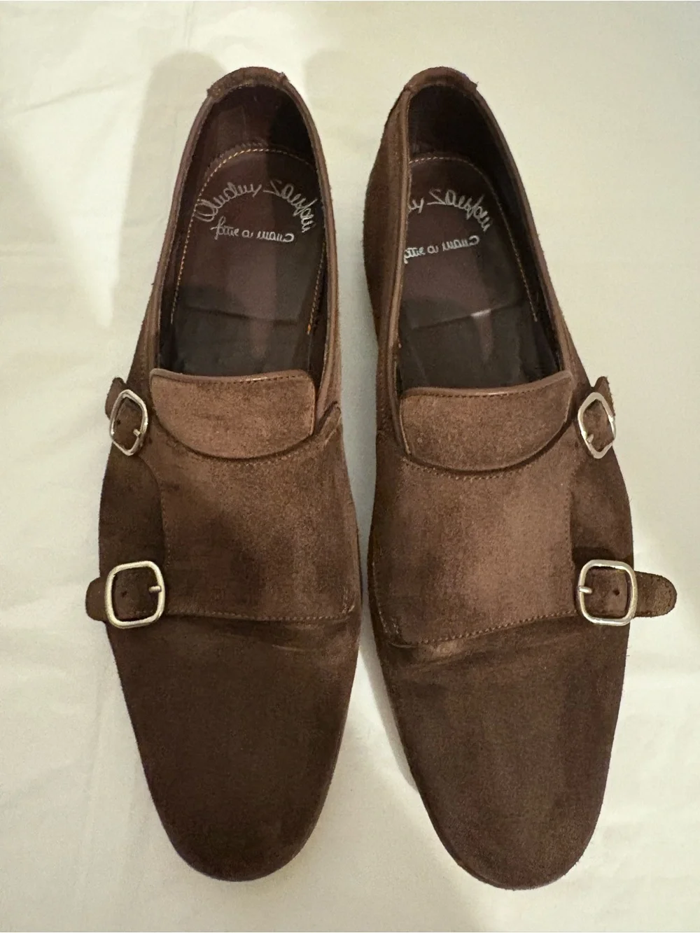 SANTONI mens brown suede loafers
